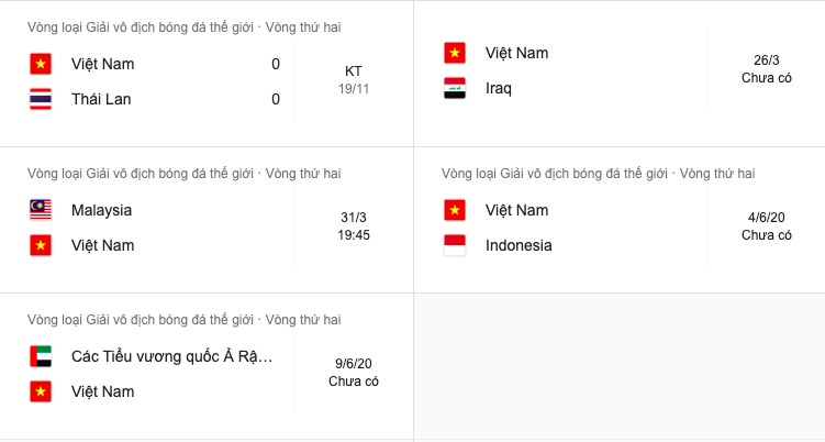 Lịch thi đấu của ĐT Việt nam tại Vòng Loại World Cup 2020