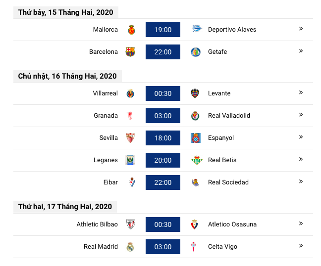 Lịch thi đấu mới nhất Laliga