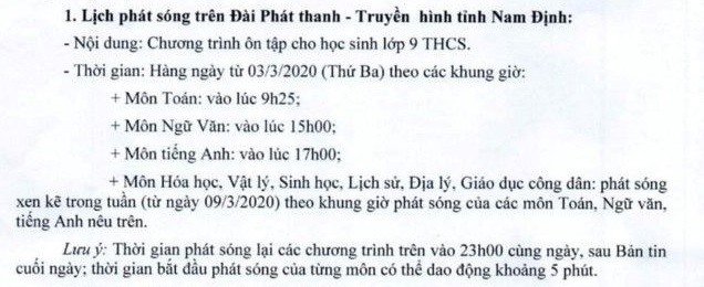 Lịch dạy học trên truyền hình Nam Định