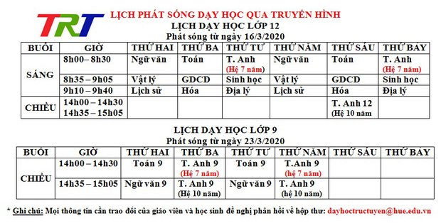 Lịch dạy học trên truyền hình Thừa Thiên – Huế